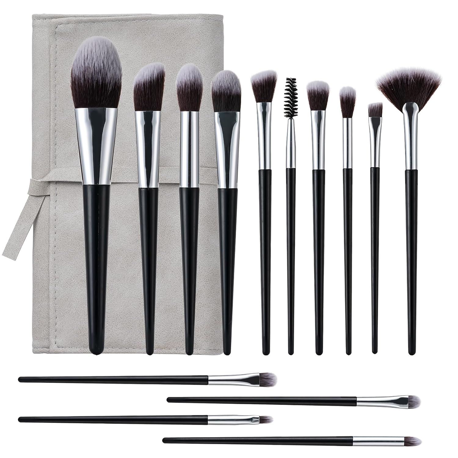 Makeup Brushes, 14 Pcs Professional Makeup Brush Set, Eye and Face Foundation Brush Set, Eyeshadow Brushes, Cosmetic Brushes, with PU Bag, Grayish